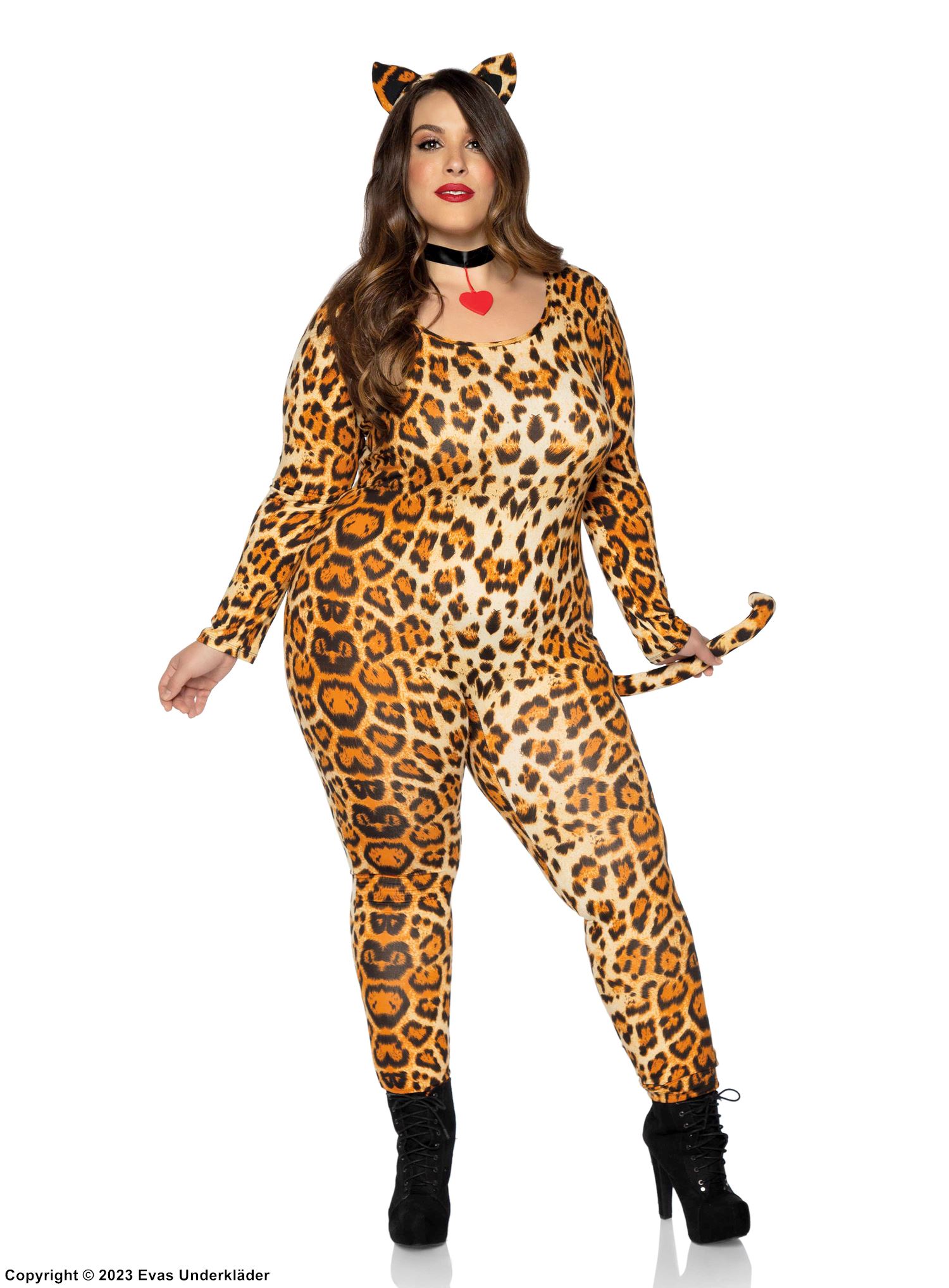 Kostüm-Catsuit, lange Ärmel, Herz, Schwanz, Leopard, Plus Size